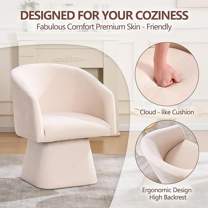 Swivel Modern Accent ChairLuxury Fabric Upholstered Makeup Chair Comfy Barrel Chair with No Wheels360°Rotating Vanity Armchair for Living Room Bedroom Office (WhiteSet of 2)
