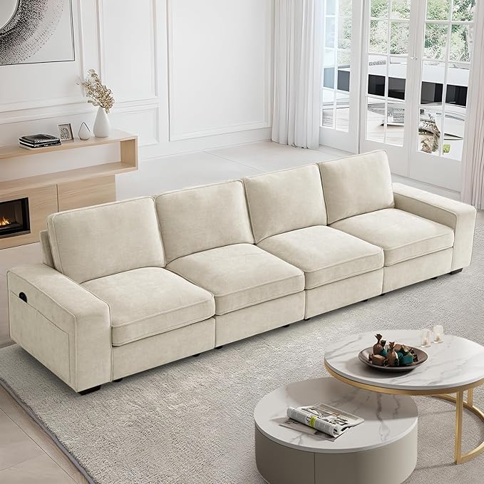 129 4-Seater Modular Sectional Sofa Modern Comfy Chenille Couch with Removable Chenille Washable Cover Seat Storage and USB Charging for Living Room Office Apartment Easy to Install Beige