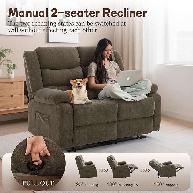Loveseat Recliner Sofa for RV Furniture and Theater Seating Wall Hugger Loveseat Recliner Oversized Loveseats Couch with Front Porckets&ampSide Pockets Fabric Brown