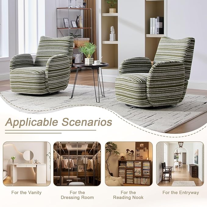 360° Swivel Accent Chair with Armrest Modern Striped Upholstered Lounge Chair Stable Round Base &amp Sturdy Metal Frame Armchair for Bedroom Living Room Office &amp Vanity (Olive Green)