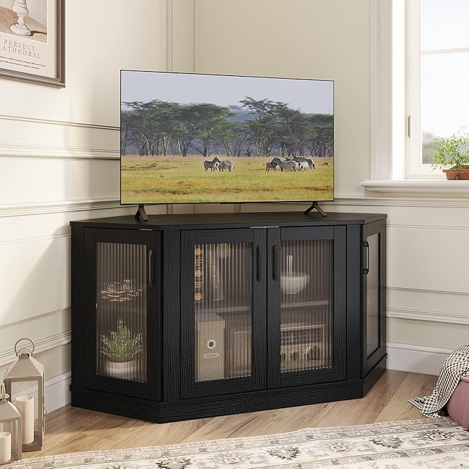 Panana Corner TV Stand - 47 Inch Media Console with 4 Doors and Shelves Living Room Storage Entertainment Center for TVs up to 51 Inch (Black)