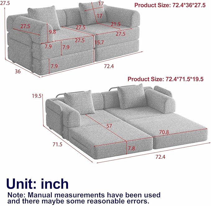 KINFFICT 72 inch Sectional Sleeper Sofa Modular Futon Folding Loveseat Floor Sofa Bed Convertible Comfy Chenille Memory Foam Couch Bed with Side Pockets for Guest Room Bedroom Living Room Beige