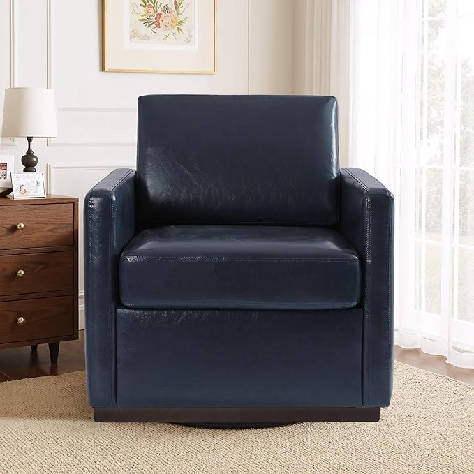 Faux Leather Swivel Accent Chairs Set of 2 360° Swivel Upholstered Club Armchairs for Living Room 31 Wide Square Single Sofa Reading Chair with Deep Seat Metal Swivel Base Navy