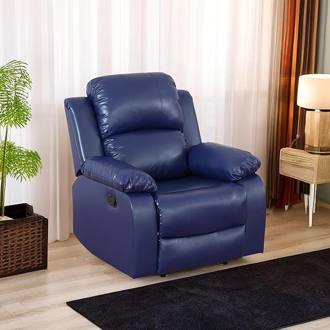 Manual Leather Recliner Chair Sofa for Adults 35 Inch Single Reclining Sofa CouchLeather Couch for Living Room/Lounge/Club/Apartment(BlueChair)
