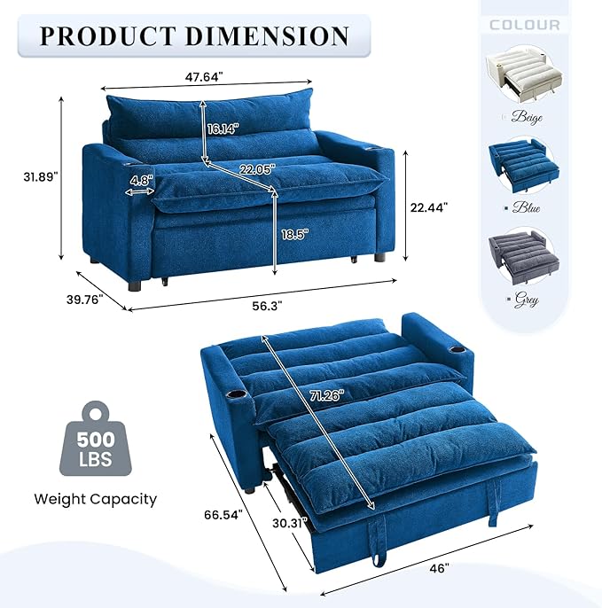 56.3 Convertible Sleeper Sofa Bed 3 in 1 Velvet Pull Out Loveseat Couch Modern Comfy Thick Cushion Futon with Adjustable Backrest &amp 2 Cup Holders Space Saving for Living Room Small Apartment B