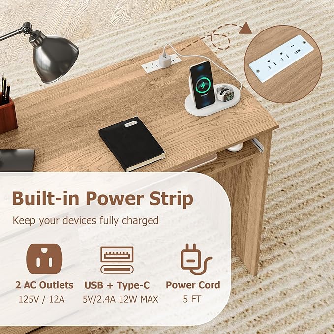 GOFLAME Computer Desk with 3 Drawers &amp Charging Station 42” Home Office Desk with Storage &amp Keyboard Tray Writing Desk PC Workstation Vanity Table (Natural)