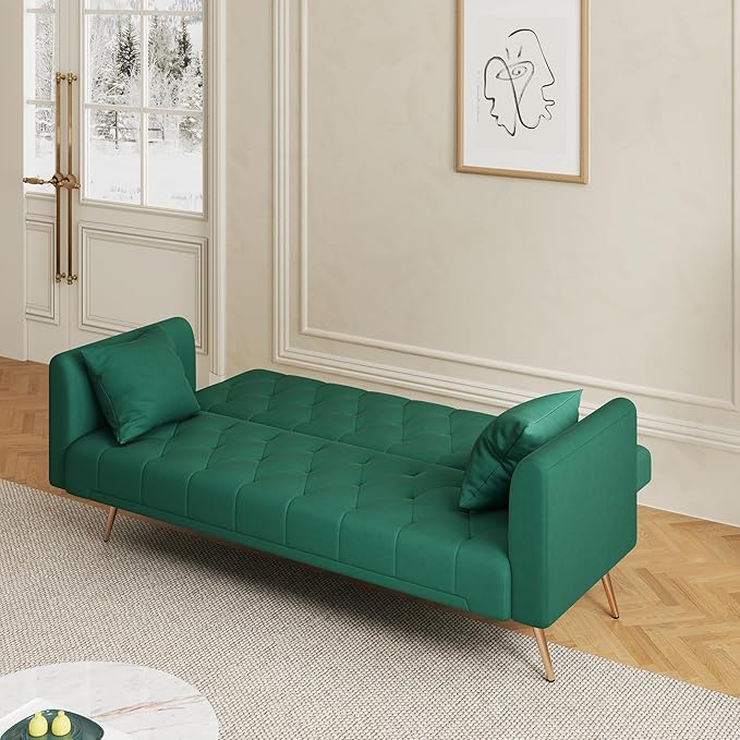 71 Futon Sofa Bed VelvetConvertible Sleeper Sofa CouchModern Folding Futonwith 3 Adjustable Backrests and 2 Pillowsfor Small Living Room Bedroom Office (Green)