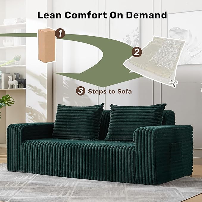 Boneless Couch Sofa 2-Seater Foam Sofa Love Seat Furry with 2 Pillows &amp 2 Side Pockets for Living Room (Green)