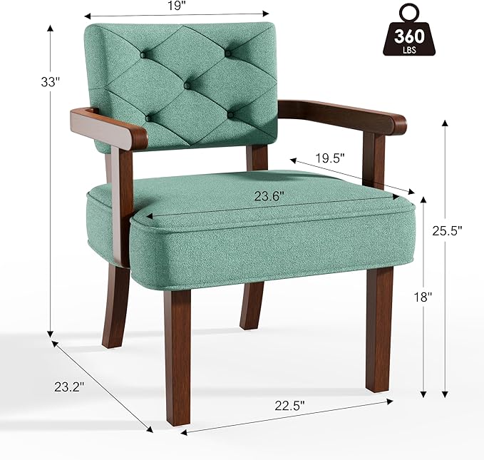 Versatile Accent Chair Small Side Arm ChairMid Century Oversize ArmchairUpholstered Wooden Accent ChairsTufted BackArmrestCushion for OfficeWaiting/Reading/Living Room Green