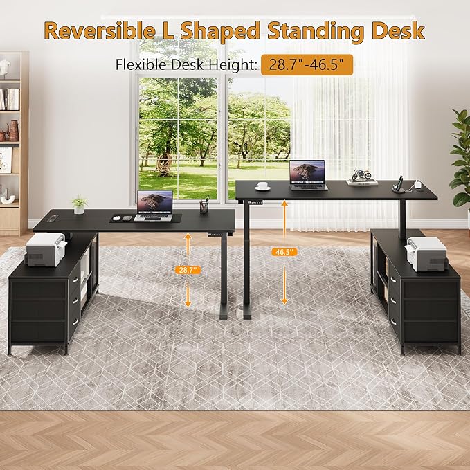 L Shaped Electric Standing Desk with Drawers &amp Shelves Height Adjustable Corner Computer Desk with Power Outlets 55 Inch Sit Stand Executive Desk with Storage for Home Office Black
