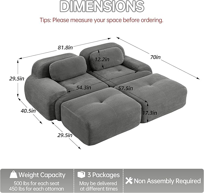Cloud Sectional Couch Boneless U Shaped Couch 81.8'' Modular Sectional Sofa with Ottoman Modular Loveseat Sofa 2 Seater Corduroy Deep Seat Couches for Living Room No Assembly Couches Grey