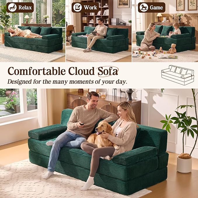78.7IN Folding Sofa Bed - Convertible Sleeper Sofa Couch with Removable Pillows 3 Seater Couches Bed for Living Room Bedroom Apartment No Assembly Required Freestanding Corduroy Green