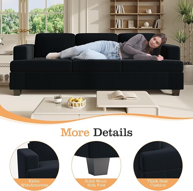 Apicizon Modern Loveseat &amp 3-Seater Sofa Set of 3 Corduroy Couch 3 Piece Sofa Set for Living Room Modern Lounge Sofa Couches for Apartment Lounge Black Corduroy