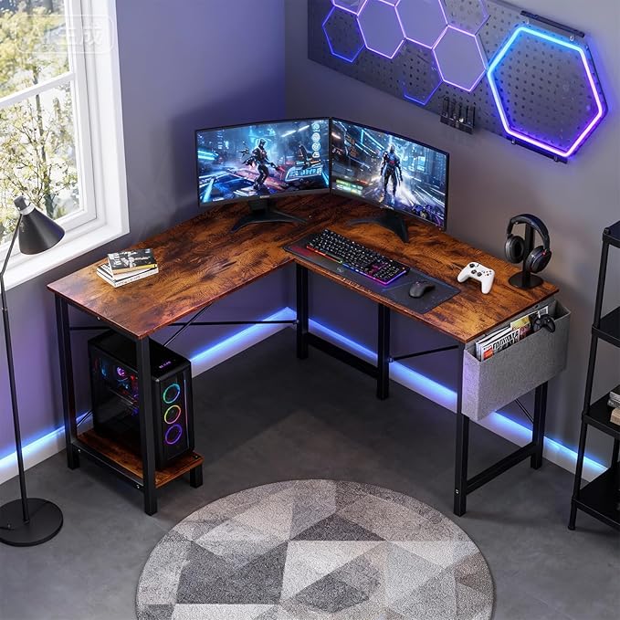 OLIXIS L Shaped Desk 50-Inch Office Computer Gaming Desks Corner PC Table with Side Bag and Reversible Shelf for Home Work Study Writing Rustic Brown