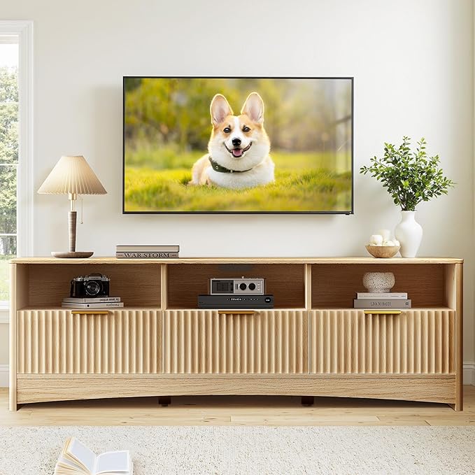 Marsail 59″ Wide TV Stand for TVs Up to 65″ Modern Entertainment Center with Fluted Panels 3 Easy-Sliding Drawers Open Shelves &amp Cable Hole 3-Tier TV Stands for Living Room &amp Bedroom Natu