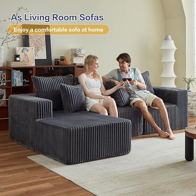 Boneless Couch 101 Cloud Sectional Sofa with L Shaped Chaise Deep Seat Sofa in a Box with 3 Modular Sections Modern Corduroy Comfy Couch for Living Room Grey