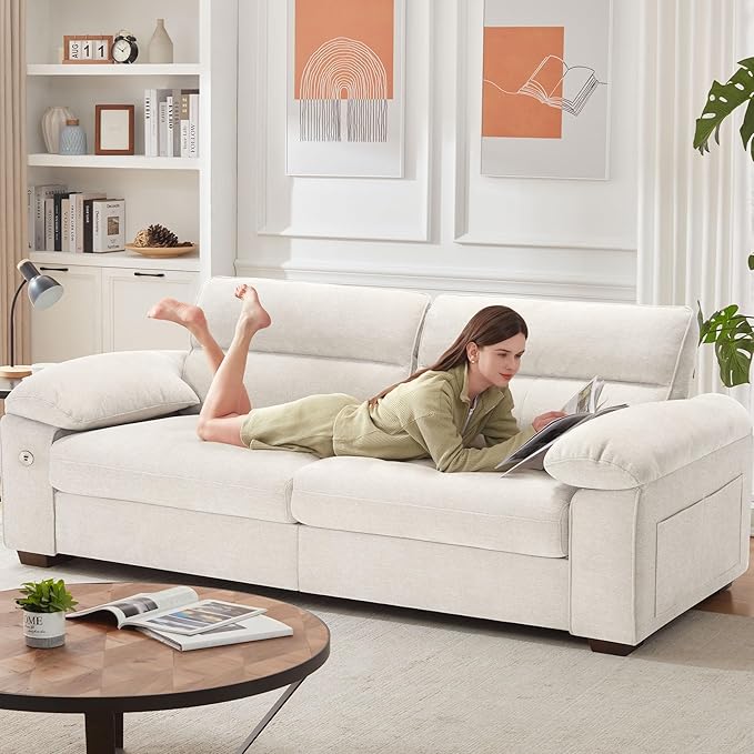 Ihanherry 90.5 Modern Sofa 2-Seater Couch for Living Room Chenille Pillow-Armrest with Extra Large Seat Width USB/Type-C Charging Port &amp Side Pocket Removable Medium Firm Cushion(Beige)