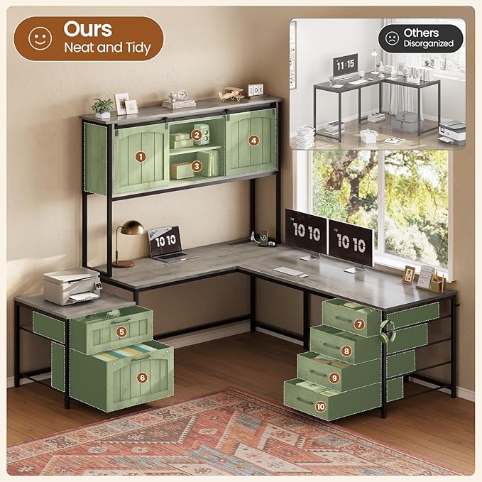 SEDETA Farmhouse L Shaped Office Desk with 6 Drawer Reversible Computer Desk with Power Outlet Hutch for Home Office/Two Person Corner Desk with File Drawer &amp Printer Storage Shelves Grey