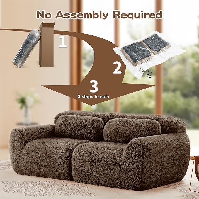 80.4-Inch Boneless Love Seat Couches in a Box Modern 2 Seat Floor Modular Foam Cloud Sofa Faux Fur Loveseat Couch W/Angle Armrests for Home Apartments Bedroom