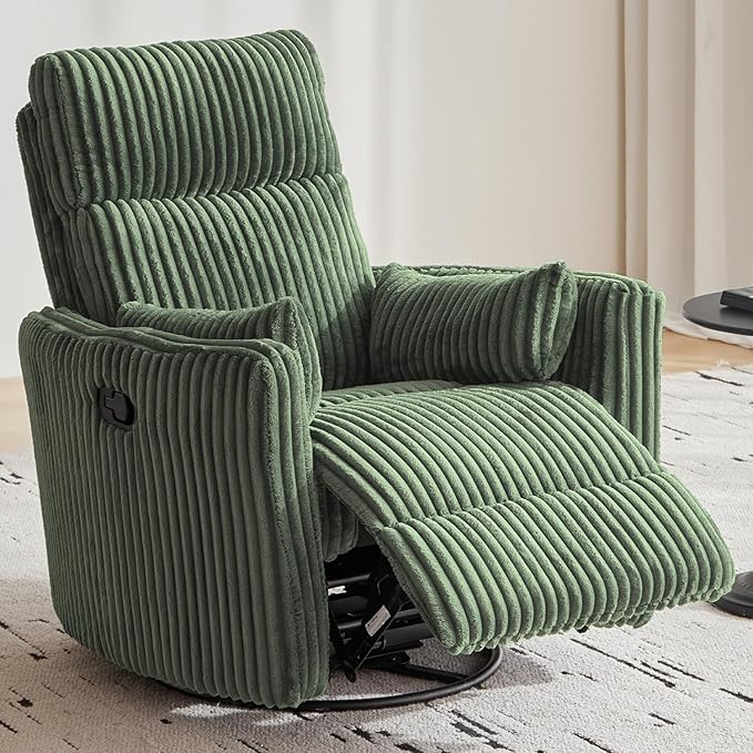 LINSY 360 Swivel Recliner Chair Nursery Glider Rocking Chair with 2 Pillows Corduroy Nursing Chair Comfy High Back Adult Rocker Recliner for Small Spaces Nursery Bedroom Living Room (Green)