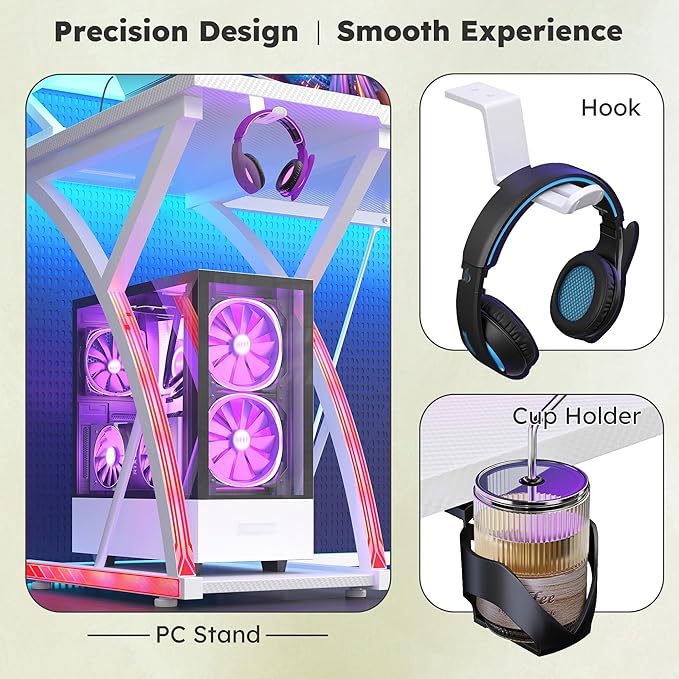 48 inch Gaming Desk with LED Lights &amp Power Outlet Computer Desk with Monitor Shelf &amp Mouse Pad &amp Cup Holder Ergonomic Carbon Fiber Gaming Table PC Work Home Office Desks PC TableWhite