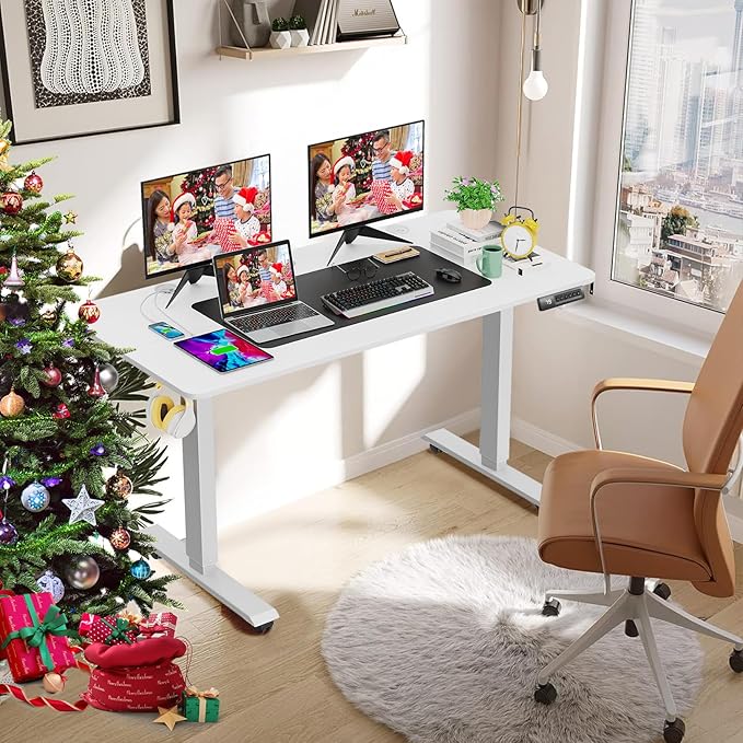 farexon Electric Standing Desk Adjustable Height 48x24 Inches Stand Up Desk with 4 Preset Heights Lockable Casters Double Hooks27''-46'' Lifting Range Home Office Computer Desk（White）