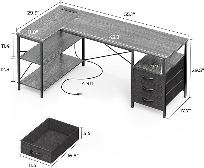 Huuger L Shaped Office Desk with Power Outlets 55 Inch Computer Desk with 3 Drawers Shelves Reverisble for Gaming Corner Work Home Office Study Grey