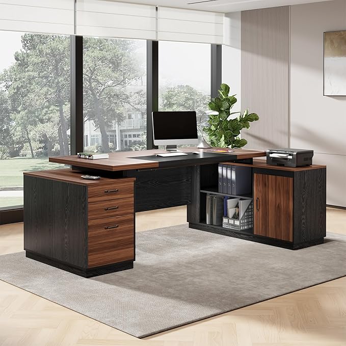 Executive L-Shaped Desk with Storage Cabinet 78-Inch Large Home Office Desks with Power Outlet and Lateral File Cabinet Modern Computer Desk with Drawers and Open Shelf Brown Black