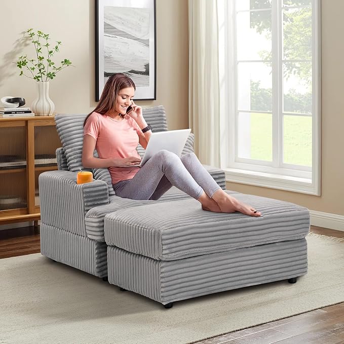 Chaise Lounge Chair Indoor 39 W Plush Corduroy Oversized Chair with Ottoman Upholstered Cozy Chaise with Cup Holder Modern Deep Seat Comfy Sofa Armchair for Living Room Bedroom(Grey)