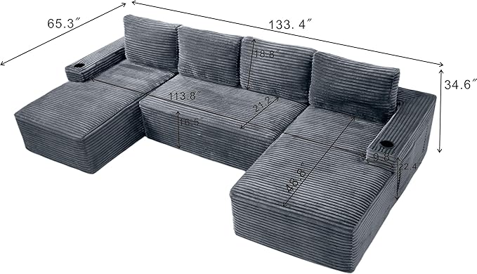 Oversized U Shaped Sectional Couch 133.5 Boneless Cloud Couches for Living Room Corduroy Comfort Modular Deep Seat Sofa with Chaise Cup Holders &amp Storage Pocket No Assembly Grey