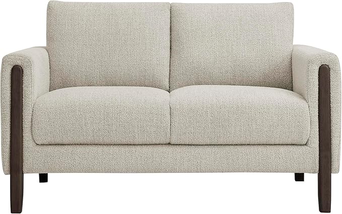 Modway Hawken 54 Inch Boucle Loveseat in Parchment Espresso with Wood Legs – Mid-Century Modern Small Space 2-Seater Sofa for Living Room Bedroom or Office Lounge