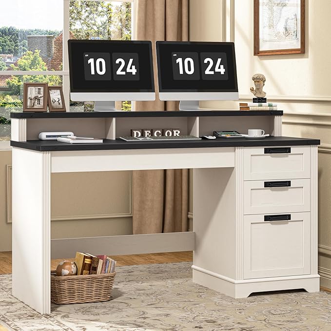 Vabches 55 Farmhouse Executive Desk with 3 Drawers Wooden Computer Desk with Keyboard Tray Home Office Desk with File Drawer (Fits A4 Size) for Work and Study White and Black