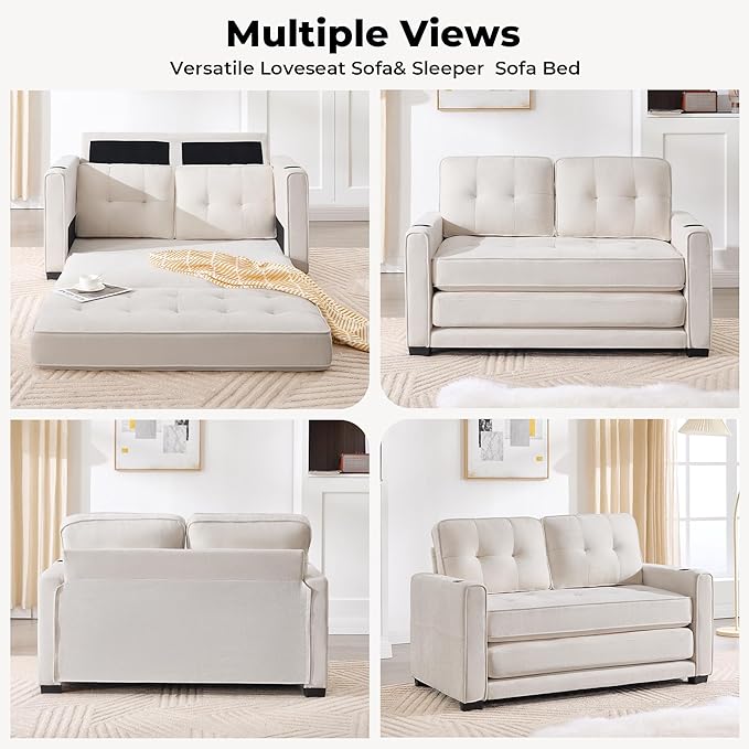 Convertible Sofa Bed Pull Out Loveseat Sleeper CouchLinen Fabric 2 in 1 Folding Couch Bed Fold Out Floor Futon Couches with Cup Holder for Living Room BedroomSmall Space Beige