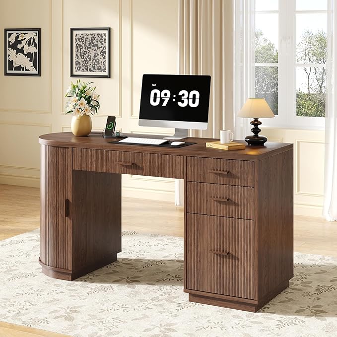 ONBRILL 58 Inch Fluted Executive Desk Computer Desk with Storage Drawers &amp File Drawer Modern Home Office Desk with Charging Station for Working Studying Writing Walnut