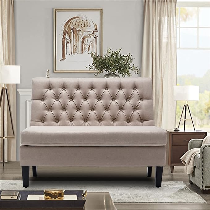 Andeworld Modern Loveseat Settee Button Tufted Sofa Couch Upholstered Banquette Dining Bench High Back Living Room FunitureKhaki