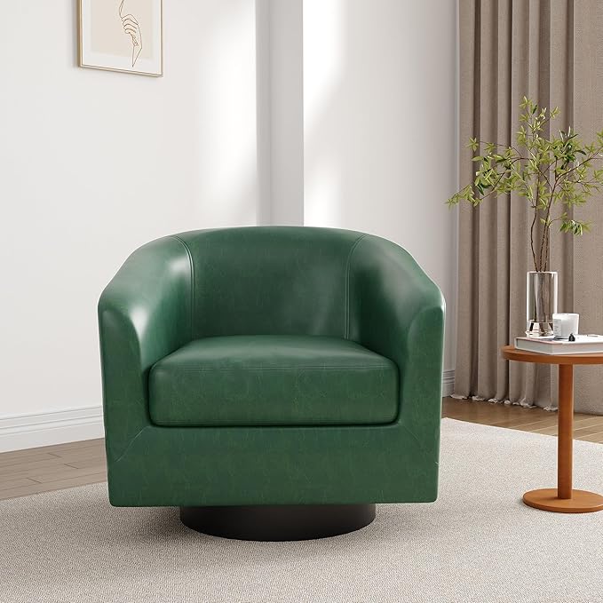 Lumibee Faux Leather Swivel Barrel Chairs Set of 2 Upholstered Comfy Round Swivel Accent Chair 360° Rotation Single Sofa Club Armchair for Living Room Reading Room Bedroom Green