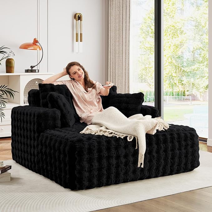 56 W Oversized Chaise Lounge Chair IndoorPlush Faux Fur Sleeper Couch Sofa Bed with PillowsFluffy Comfy Cloud SofaCompression Foam Boneless Couch for Living RoomBedroom(Bubble Black)