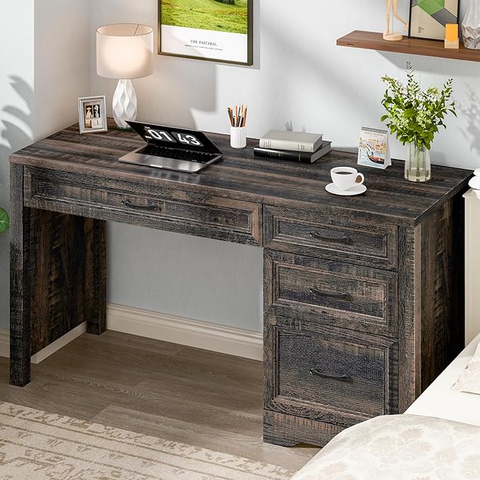 Vabches Farmhouse Executive Desk with Storage and Ample File Drawer Rustic Large Home Writing Desk for Bedroom Dark Oak
