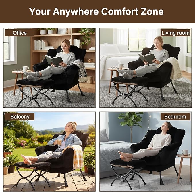 Welnow Lazy Chair with Ottoman Modern Accent Chair with Armrests and a Side Pocket Leisure Sofa Armchair Reading Armchair with Footrest for Small Space Plush Black