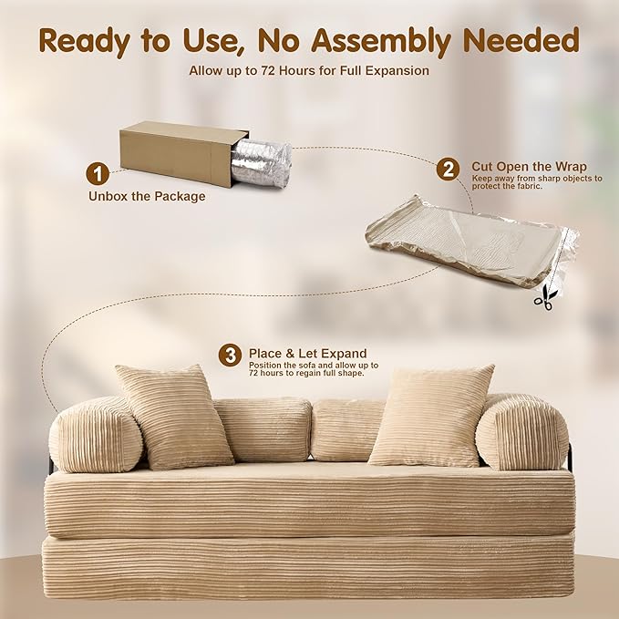 81″ Convertible Sleeper Sofa Bed with Pillows Corduroy Foldable Mattress Couch with Fixed-Shape Frame Futon Sofa Bed Boneless Couch for Living Room Bedroom Lounge Studio Beige