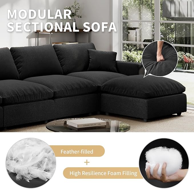 OttomanDown Fill Comfort FootrestCloud Modular Sectional Sofa for Living RoomApartmentOffice Black