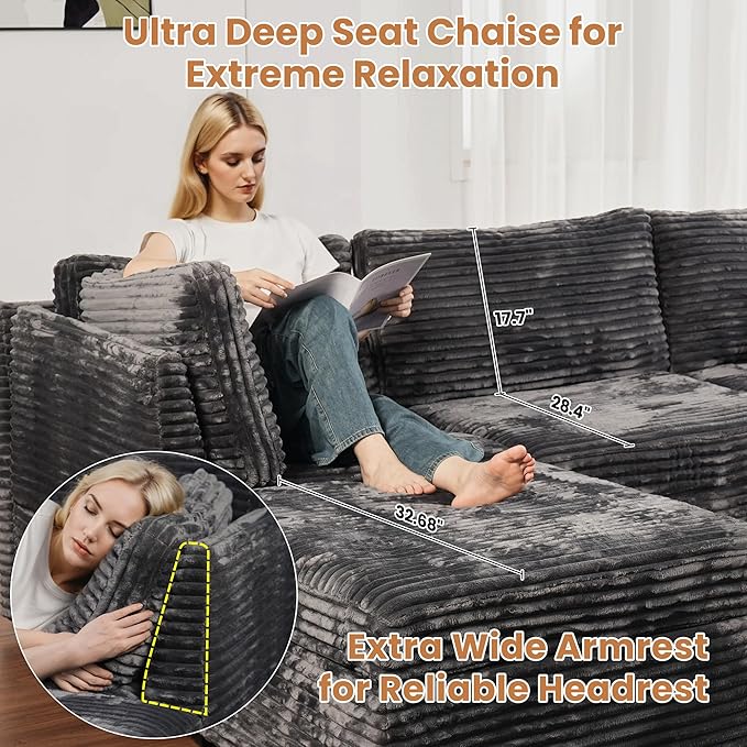 ovios 32.7 inches Armrest Seat Module for Modular Sectional Sofa Couch Loveseat Customizable DIY Combination L U V Shaped Plush Corduroy Sofas Couches for Living Room Grey