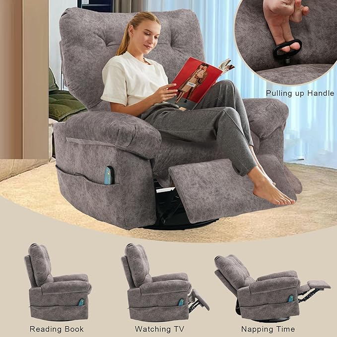 Rocker Recliner Chair for Adults Soft Lazy Boy Recliner Chair with Heat&amp Adjustable Backrest Footrest Oversized Massage Recliner Chair with Swivel and Side Pocket for Living Room Bedroom (Grey)