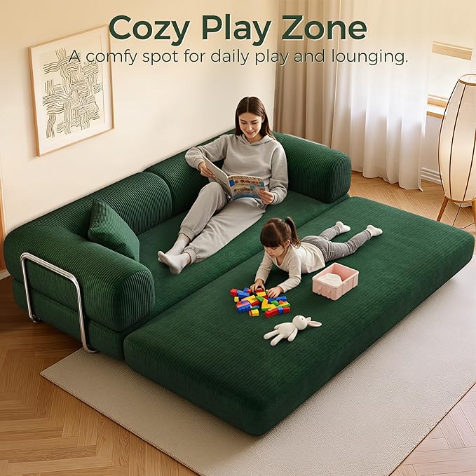 78.5'' Convertible Folding Sofa Bed – 4-in-1 Modular Floor Couch Corduroy Small Cloud Couch Compressed Foldable Sleeper Sofa King Size Futon for Bedroom Guest Room (Green (Dark))