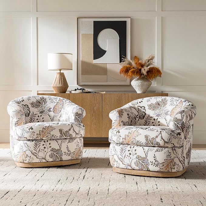 HULALA HOME Swivel Barrel Chair Set of 2 with Rolled Arms Upholstered Fabric Swivel Round Armchair with Removable Cushion Solid Wood Base for Living Room Bedroom Green