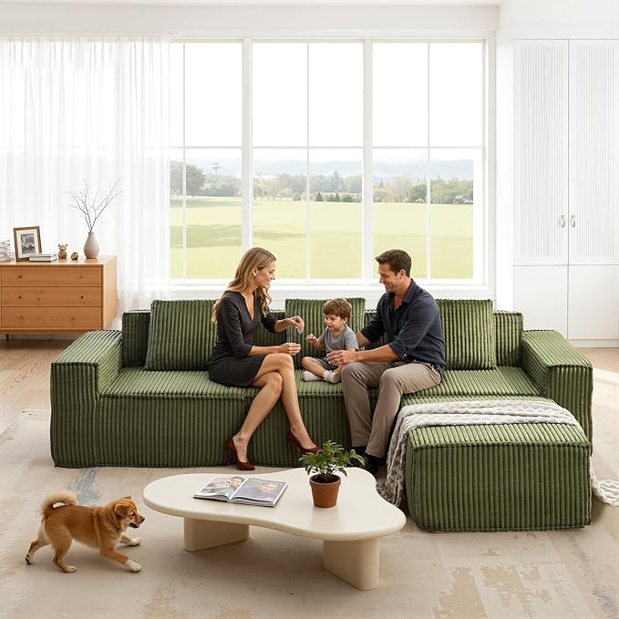 117.6'' Boneless Couch Cloud Couch Sectional L-Shape Modular Sectional Sofa Convertible Corduroy Sleeper Sofa Bed Upholstered Couches for Living Room No Assembly Required