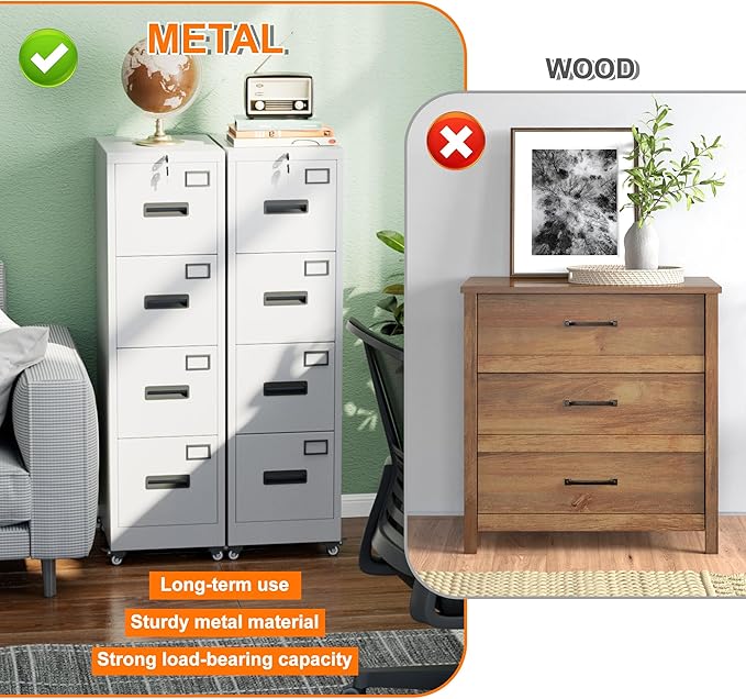 METAN 4 Drawer File Cabinet on Wheels Lockable Metal Filing Cabinet with Handle and Name Card for Office HomeAssembly RequiredWhite
