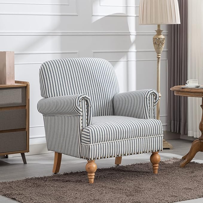 Linen Accent Chairs Set of 2 Mid-Century Modern Living Room Armchair with Nailhead Trim &amp Wood Legs Comfy Upholstered Single Sofa Chair for Lounge/Bedroom/Reception Blue Stripe