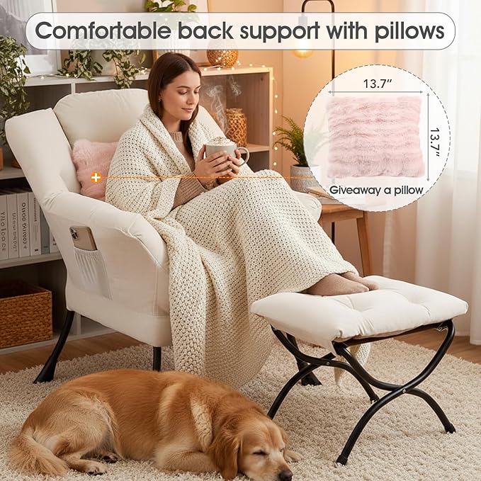 Lazy Chair with Ottoman Large Accent Chair with Ottoman and a Throw Pillow Beige Reading Chair for Living Room Bedroom Dorm Room Office Apartment Relaxing Use
