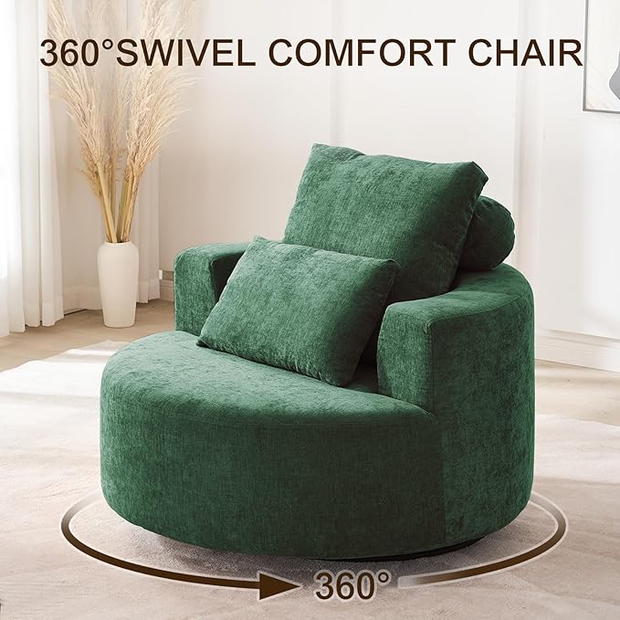 Furnimart 40 Oversized Barrel Accent Chair Set of 2 360° Swivel Round Upholstered Sofa Chenille High-Resilience Sponge No Assembly Wide Seat for Living Room Bedroom Apartment (Green)